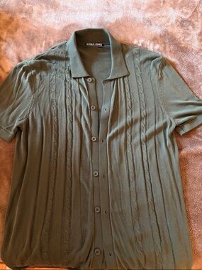 Short-Sleeve Olive Cable Knit Button-Down Shirt